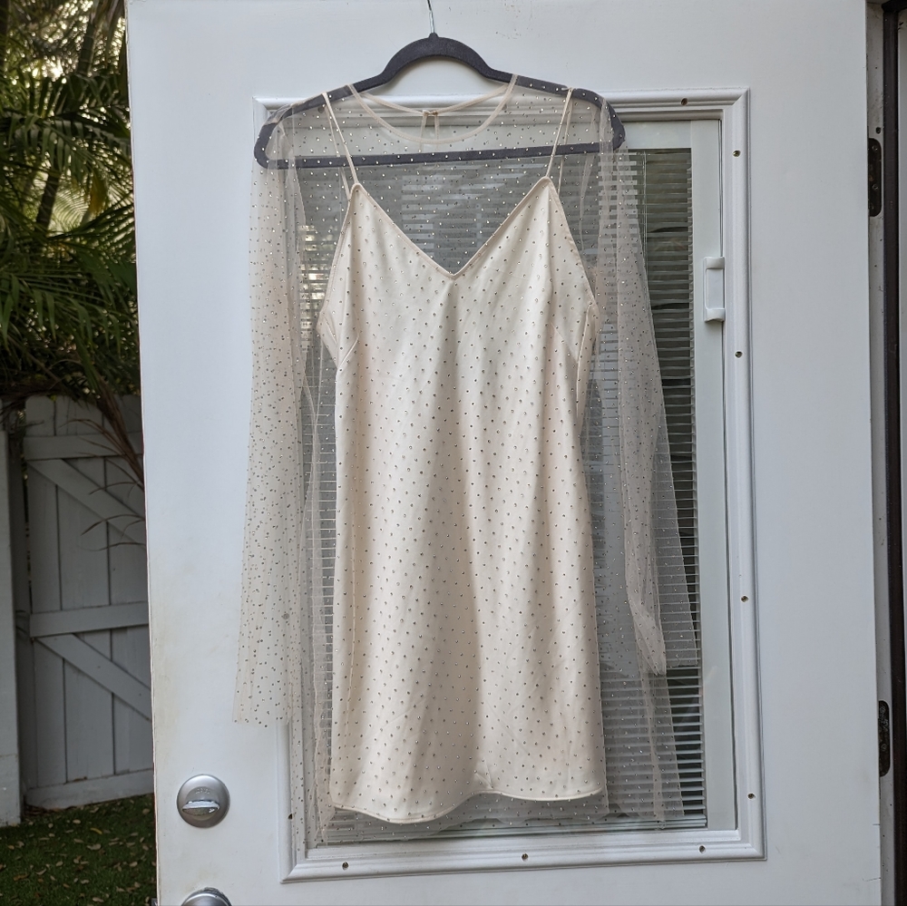 Zara Cream Mini Slip Dress with Sheer Polka-Dot Overlay